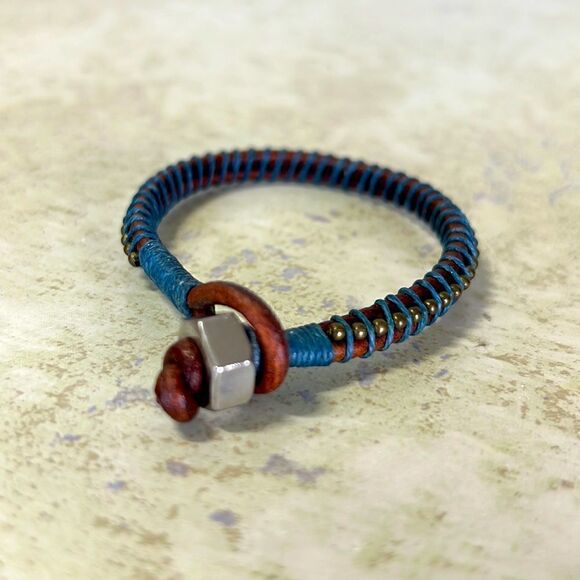 7#9 Leather Handcrafted Bracelet 7” Brown and Blue - Picture 1 of 5